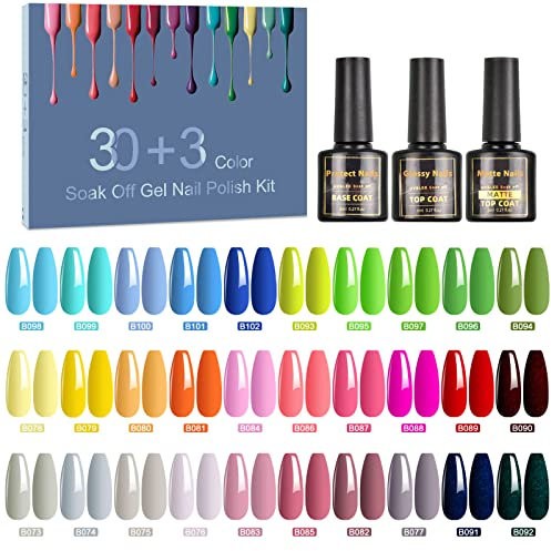 SHOWNAIL Esmalte Semipermanente, 33Pcs Pintauñas Semipermanentes Kit Gel UV LED, 30 Colores Esmalte de Uñas Vibrante con Base, Capa Superior Brillante y Mate Kit Uñas de Pintauñas, 8ML