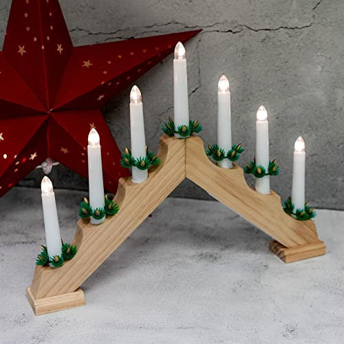 GEEZY Wooden Christmas Candle Bridge Arch with 7 LED Candles & Natural Finish - Battery Operated Warm White LED Christmas Lights - Xmas Decorations & Ornaments for Window Sills, Mantels, Table Tops
