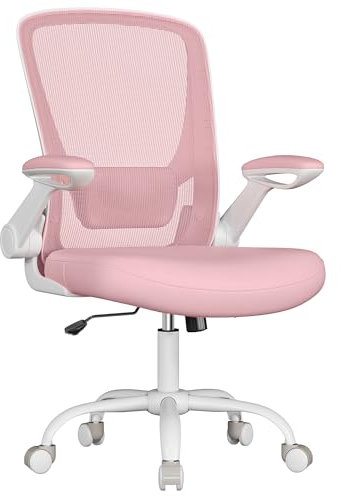 SONGMICS Silla de Oficina, Silla de Escritorio de Malla, Silla Giratoria Ergonómica, Soporte Lumbar, Oscilante, Asiento de 53 cm, Apoyabrazos Abatibles, Rosa Pastel OBN037R01