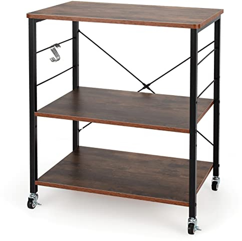 GiantexUK Kitchen Baker's Rack, 3 Tier Serving Cart Microwave Stand with Lockable Wheels & 5/10 Hooks, Rolling Storage Trolley for Home Office Living Room (Rustic Brown, 2 Adjustable Shelves)