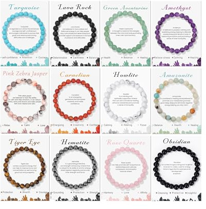 MOZAKA 12PCS Beaded Bracelets for Women Men - 8mm Semi-Precious Gemstone Beaded Bracelets, Crystal Stretch Round Beads Bracelets Unisex Jewelry Gift