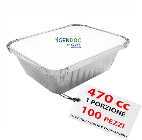 GM - 100 Contenitori Alluminio 1 Porzione 470 cc con 100 Coperchi Alluminizzati, Vaschette per Alimenti Ideali per Forno, Congelamento, Gastronomia e Asporto Professionale
