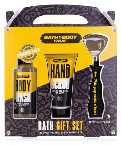Accentra BATH + BODY TOOLKIT Geschenk- set für Männer mit Flaschenöffner - Pflegeset für Herren mit 100ml Bade- & Duschgel, 50ml Hand Scrub im coolen Design