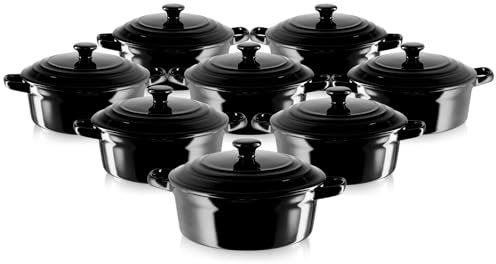 KHG Auflaufform mit Deckel 8er Set, Schwarz 0,5 Liter klein, Keramik Steingut rund, Servierform mit Griffen, ofenfest 200°C & mikrowellenfest, Mini-Schmortopf, Mini-Bräter, Mini-Cocotte
