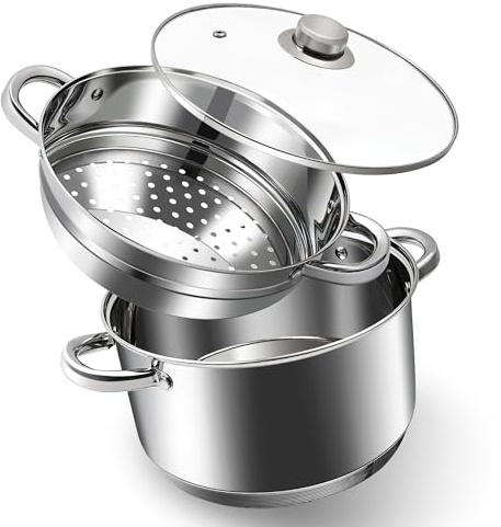 AuFranc® 6 Quart 18/10 Stainless Steel Tri-ply Stockpot and Steamer with Tempered Glass Lid, Multipurpose Steamer Pot Compatible with All Cooktops, Non-Toxic Soup Pot, Oven & Dishwasher Safe (Silver)