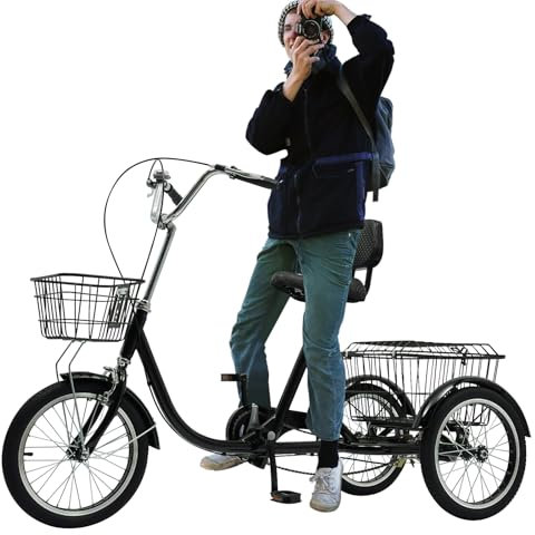 TONFEION 16 Zoll Dreirad für Erwachsene und Senioren, 3 Räder Fahrrad Mit Zwei Korb und Rückenlehne, Laufrad für Einkaufen Reisen (Schwarz)