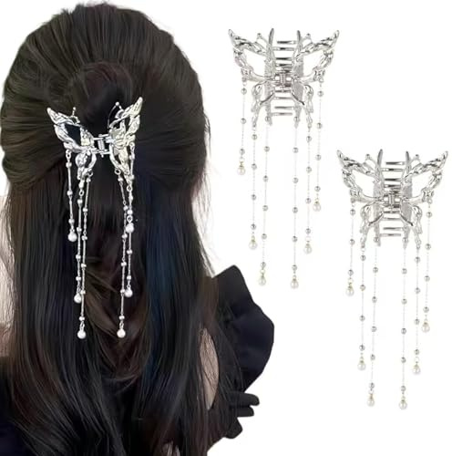 Ypkia 2 Piezas Mariposa Pinza de Pelo Medio con Perlas Borla Metal Horquillas Mujer para Mujeres Niñas Elegante Accesorios para el Cabello