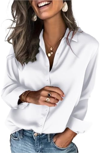 Damen Bluse Satin Elegant V-Ausschnitt Satinblusen Langarm Button Down Hemd