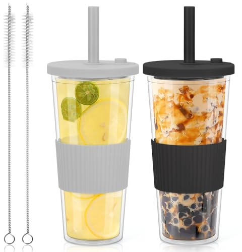Mugg med lock och sugrör 710 ml, uppsättning av 2 plast läckagesäkra dricksglas med sugrör och lock, BPA-fri temugg-set, återanvändbara dryckesbägare med dubbla väggar vattenflaskor
