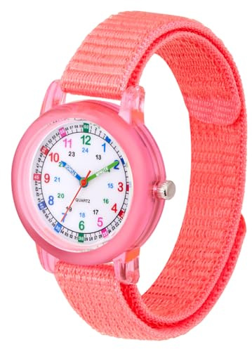 Brecjon Montre-bracelet pour enfant fille - Montre d'apprentissage analogique à quartz rose - Bracelet Velcro 4001