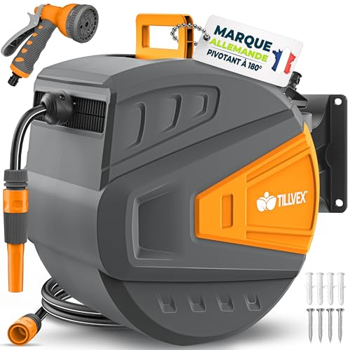 tillvex Enrouleur de Tuyau d'arrosage pour Jardin 20+2m avec support mural + poignée | Dévidoir pour tuyau avec pistolet à eau et tuyau d'arrosage | Pivotant à 180° (Anthracite/Orange, 15m)