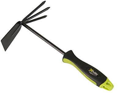 Xclou Doppelhacke in Schwarz, Hacke mit formgerechtem TPE-Kunststoffgriff, Gartenhacke 3 Zinken & Spaten, kleine Hacke pulverbeschichtet, Häckchen Anthrazit-Grau, Blumen-Hacke