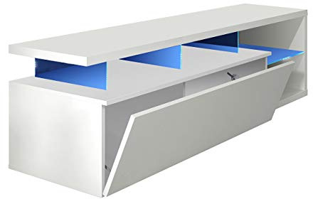 Habitdesign Modèle Blue-Tech Meuble TV moderne Blanc brillant et lumières LED, dimensions : 150 x 43 x 41 cm (l x H x P).