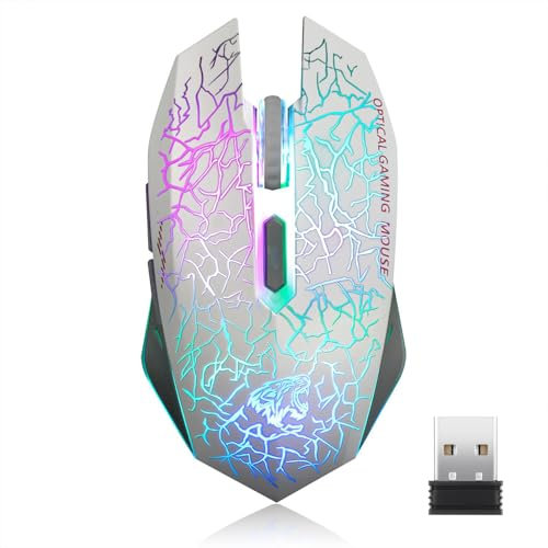 Uiosmuph M2 kabellos wiederaufladbar Gaming Maus Optische geräuschlos Mäuse mit Nano Empfänger 6 Tasten für Mac Notebook Desktop Laptop(White)