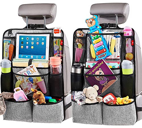 Helteko Autositz-Organizer, Kick-Matten Rücksitzschutz mit Touchscreen Tablet-Halterung, Auto Rücksitz Organizer für Kinder, Auto Reisezubehör, Auto Organizer mit 9 Aufbewahrungstaschen, 2 Stück