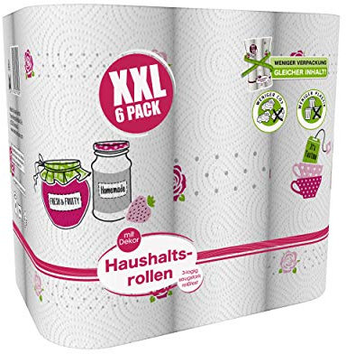 inapa Küchenrolle, Küchenpapier, 3-lagig: HOTO XXL, mit Motiv, 6 Rollen x 90 Blatt, weiß