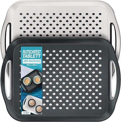 Bandejas para Servir Comida, Paquete de 2 Unidades Bandeja Antideslizante (41 x 29 x 4,5 cm) Bandeja Negra y Blanco con Forma Rectangular, Bandeja Comida con Mangos para Servir Comidas y Bebidas