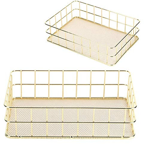 Gold Storage Basket Hollow Metal Desk Organizer,Multipurpose Large Basket for Bathroom & Home Office