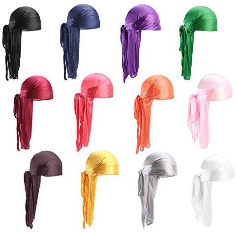 Paquete de 12 Long Tail Durag, Unisex Durag Headwraps Anchas Correas Pirata Gorra de quimio contra la pérdida de cabello Bandana Turbante para mujeres y hombres Hip-hop y decoración diaria.