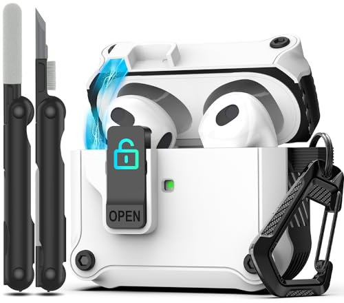 RFUNGUANGO Funda para Airpods de 3ª generación con Clip de Bloqueo Seguro, Protector de Carcasa Dura a Prueba de Golpes,Compatible con Apple AirPod de 3,Blanco