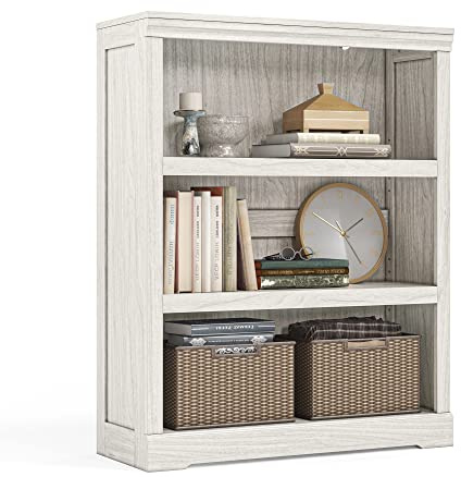 LINSY HOME 3-Tier Bookcase, Small Bookshelf Wood Display Storage Shelves Farmhouse Bookshelf for Home Office, Living Room, Bed Room - White Oak