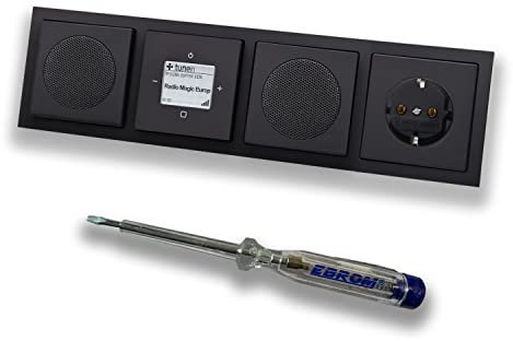 Busch Jäger Unterputz Internet iNet Radio 8216U SCHWARZ MATT Komplett-Set + 2x Lautsprecher + SCHUKO Steckdose 20EUC-885 + EBROM Phasenprüfer zur Montage der Geräte 8216 U