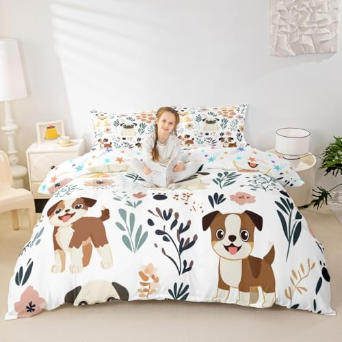 Feelyou Cute Puppy Dog Duvet Cover Kids Toddler Full, Dog Animal Bedding Set Dogs and Flowers Comforter Cover Botanical Plant Bedspread Cover Durable Quilt Cover (No Comforter)