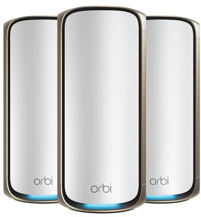 NETGEAR Orbi 970 Series Quad-Band WiFi 7 Mesh Network System (RBE973S), Router + 2 Satellite Extenders, Security Features, Up to 27Gbps, Covers Up to 10,000 sq. ft., 200 Devices, 10 Gig Internet Port