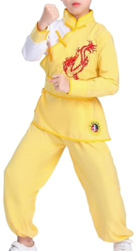 BK FASO Kung Fu Suit for Boys Girls Traditional Outfit Chinese Embroidered Tai Chi Wing Chun Master Martial Arts Sets, Yellow, 140cm