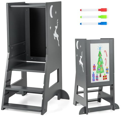 COSTWAY Kids Step Stool, Height Adjustable Toddler Kitchen Learning Tower with Safety Rail, Chalkboard & Whiteboard, Montessori Helper Stand for Kitchen Counter Bathroom Sink