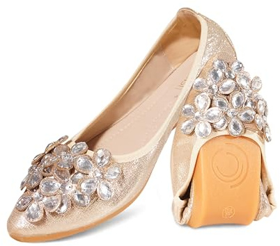 YOUNIFIZ Women Ballet Flats Bling Cute Rhinestone Wedding Ballerina Shoes Foldable Sparkly Comfort Slip on Flat Shoes (Five Flowers-Gold,Size 12)