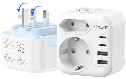 LENCENT Adattatore Presa Ingelese, Adattatore Spina Tipo G da Viaggio Pieghevole con 2 Porte USB-C & 2 Porte USB-A, Adattatori Presa EU Schuko a UK per Regno Unito, Irlanda, Dubai, Maldive, Scozia