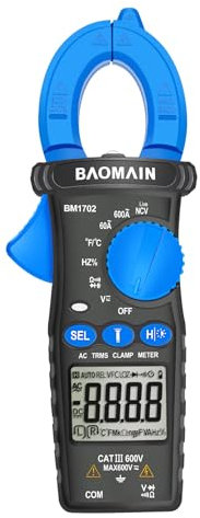 Baomain Pinza amperimétrica digital AC, T-RMS 6000 contadores multiuso, para corriente AC 60A/600A, tensión AC/DC, temperatura, diodo, resistencia, capacitancia, test de continuidad, NCV (BM1702)