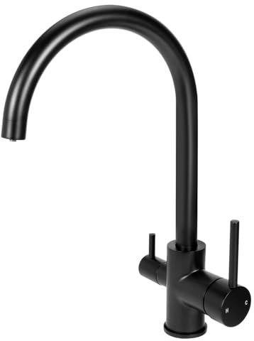 Techzm Three Way Water Filter Tap 3 in 1 Kitchen Mixer with Drinking Filtered Water Outlet Dual Lever Kitchen Sink Tap Swivel Spout Faucet Black