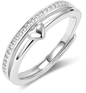 ALEXCRAFT Anillo Plateado Corazón Circonita Ajustable 7Size