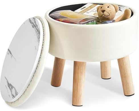 IBUYKE 13” Piccolo Poggiapiedi Ottomano con Contenitore, Pouf Poggiapiedi Rotondo con Sedile Imbottito e Coperchio, Poggiapiedi Mini in Pelle PU per Ingresso Divano Soggiorno, Beige WBD023W