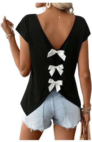 RoseSeek Women's Bow Shirts Short Cap Sleeve V Neck Asymmetrical Backless Tops Elegant Casual Summer Tops Black L