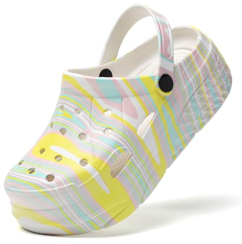 XJITIGER Zuecos gráficos de plataforma para mujer: zapatos de jardín de verano, sandalias de playa, pantuflas de agua para exteriores con plantilla extraíble, Amarillo arcoíris, 39 EU