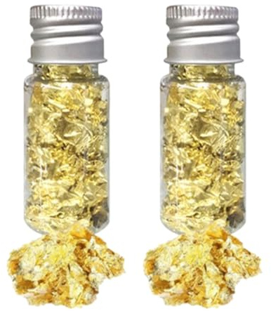 JchEnye 2 botellas de hojas de lamina de oro, hojas de lamina decorativas multifuncionales, lamina de oro comestible, para la mousse, los pasteles, la repostería, las galletas y las manualidades.