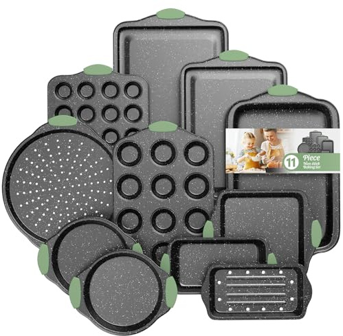 Slow Slog 11-Piece Nonstick Bakeware Set, Stackable & Oven-Safe Kitchen Baking Pans with Silicone Handles - Includes Cookie Sheet, Cake Pan, Muffin Tin, Pizza Stone & Bread Loaf Pan, Dark Green&Black