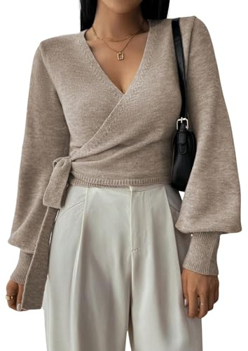 SOLY HUX Women's Long Sleeve V Neck Wrap Belted Sweater Elegant Office Knitted Crop Tops Fall Outfits Plain Khaki Small