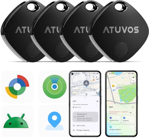 ATUVOS Smart Tag Android Tracker Air Tag Traceur Lot de 4, Fonctionne avec l’app Google et Apple Localiser, Localisateurs Bluetooth pour Les Clés/Portefeuilles/Valises/Bagages, Batterie Remplaçable