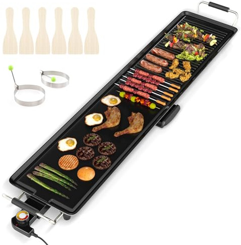 COSTWAY Teppanyaki Grill 1 800 W, elektrisk grillplatta, non-stick, justerbar temperatur, termostat och fettuppsamlingsskål, inomhus- och utomhusverktyg, 100 cm