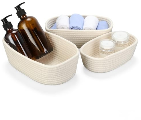 Cozary Juego de Cestas Organizadoras Pequeñas – Para Almacenaje en Baño, Cocina, Dormitorio, Tejidas de Algodón y Decorativas – Diseño Resistente, Set de 3 Piezas