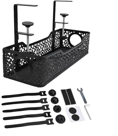 Plateau de gestion des câbles sous le bureau, organiseur de fils en acier au carbone pour bureaux, de 0,2 à 6 cm d'épaisseur, avec grille ventilée et installation sans perçage, noir (A)