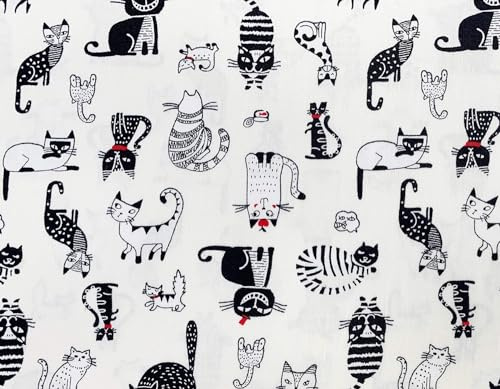 Cotton Poplin Crazy Cat Print Design - Ivory Background 110 cm 100% Cotton Fabric -130 GSM - Per Metre (CP0865JAD)