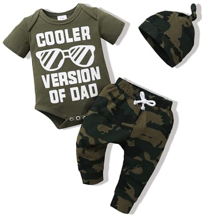 NZRVAWS Baby Boy Clothes Newborn Boy Outfit 3-6 Months Romper Short Sleeve Cooler Version Of Dad Top Camouflage Long Pants Hat 3PC Infant Clothing Set