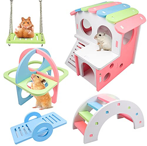 LLGLEU 5 Stück DIY Hamster Spielzeug, Kleintiere Villa, Regenbogenbrücke, Wippe, Schaukel & Trainingspielzeug Hamsterkäfig Zubehör Spielplatz Haus für Zwerghamster Chinchilla Ratten Rennmäuse (Typ1)