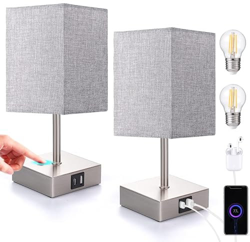 EDISHINE Bedside Lamps Set of 2, 3 Way Dimmable Table Lamp with USB A+C Charging Ports, Touch Lamps for Bedroom, Living Room, Grey (LED Bulbs Included)