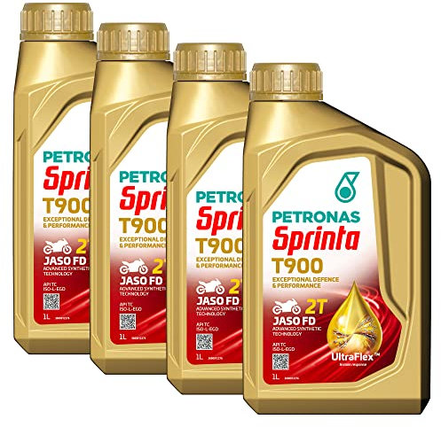 Petronas Kit 4X Sprinta Olio Motore 100% Sintetico T900 per Moto e Scooter 2 Tempi - 4 Confezioni da 1 Litro
